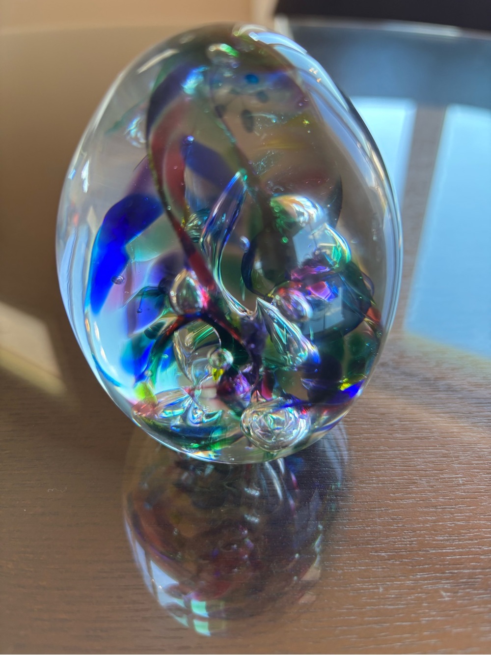 HG Hand-Blown Glass Art Paperweight in Blue, Green & Purple